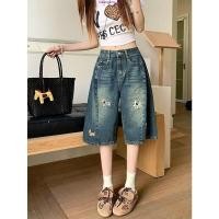 ราคา YODO กางเกงยีนส์สั้น 7ส่วน ทรงอเมริกันวินเทจการออกแบบเย็บปักถักรอยรูปหมา กางเกงกระบอกตรงหลวม V117 (42369209038)