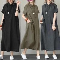 ราคา ชุดเดรสพลัสไซส์สวมใส่ได้ 100 กก คอปกพับแขนสั้นผูกเอวผ้าฝ้ายลินินชุดยาวหลวม (44419213099)