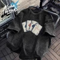 ราคา เสื้อยืดแฟชั่นมาแรง สไตล์วินเทจล้างฟอก ลวดลายไพ่ ใส่สบาย ไม่ต้องรีด 100 Cotton T shirt YG1248 (49401186018)