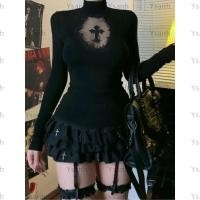 ราคา YSANH เสื้อคอเต่า แขนยาววินเทจ Y2k เสื้อผ้า เสื้อยืดผู้หญิงเซ็กซี่โกธิคลูกไม้ (41121446921)