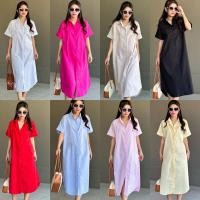 ราคา Cotton Dress shirt ชุดเดรสเชิ้ต ผ้าคอตตอน แขนสั้น ตัวยาว ปักอก (42351249936)