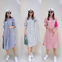 ราคา Cotton dress ชุดเดรสคอจีน ลายริ้ว กระดุมหน้า แขนยาว (41051437295)