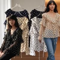 ราคา เสื้อเกาหลีลายจุด อกใหญ่ทรงใส่สบาย ผ้าชีฟอง แต่งระบาย (44114908227)