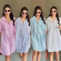 ราคา mini dress shirt เดรสเชิ้ต ลายริ้ว กระเป๋าหน้า (28424437015)