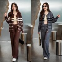 ราคา knitting set ชุดเซทไหมพรมแขนยาวแต่งลายริ้ว มีกระดุมด้านหน้าเก๋ๆ (45351147848)