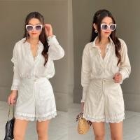 ราคา ชุดเซ็ตขาสั้น เสื้อเชิ้ตแขนยาว ผ้าฝ้ายลินินเสื้อแขนยาวแต่งงานลูกไม้ (42451464296)