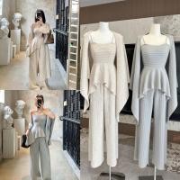 ราคา ชุดเซ็ตไหมพรม 3 ชิ้น สไตล์เกาหลี เสื้อสายเดี่ยว ผ้าคลุมไหล่ กางเกงขายาว (40624633664)