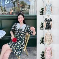 ราคา flower dress เดรสคอนตอนปักลายดอก ทรงคอปกมุก แต่งกระดุม (28601617259)