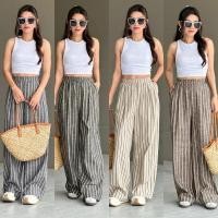 ราคา กางเกงขายาวเอวสม๊อครอบ เนื้อผ้าฝ้ายลายริ้ว เอวสูง (26186733745)