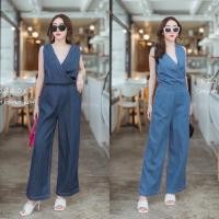 ราคา X Cross Sleeveless Jean Jumpsuit จั้มสูทยีนส์เเขนกุด ทรงป้ายอก งานสม๊อกช่วงเอวด้านหลัง (26091705049)
