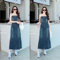 ราคา Strapless Maxi Jean Dress เดรสเกาะอกยีนส์ สีฟอก ชุดเดรสยีนส์ (24190946196)