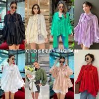 ราคา เสื้อแขนยาว ผูกโบว์คอผ้าพริ้วๆ ลายริ้ว ซีทรู BELLA BOW CHIFFON SILK TOP (24111543410)