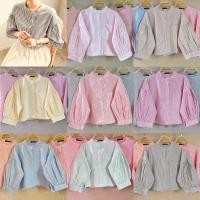 ราคา เสื้อคอจีน แขนพอง สไตล์เกาหลี ลายริ้ว สีหวาน (24031074480)