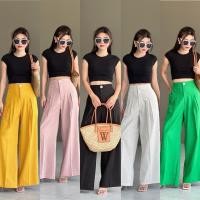 ราคา Linen long basic pants กางเกงลินินเอวสูง สม็อคหลัง (24014343352)