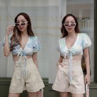 ราคา pastel เสื้อครอป เสื้อเเขนพอว แต่งดีเทลผูกโบว์หน้า ใส่ไปทะเล (23320982745)