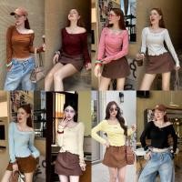 ราคา Sweet Frill Top เสื้อปาดไหล่ แขนยาว สีพื้น (40770458814)