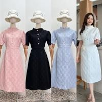 ราคา Dress เดรสผ้าลักชู แขนจีบทวิต แต่งกระดุมมุก ผ่าหลัง (27251617362)