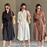 ราคา dress ชุดเดรสลายจุด คอจีน แขนยาว พร้อมโบว์ผูกเอว (27001616235)