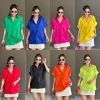 ราคา V shirt เสื้อเชิ้ตคอตตอน คอวี แขนเบิ้ล สีพื้นปักอก (25246348614)