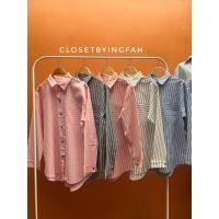 ราคา เสื้อเชิ้ตเกาหลี ทรง Oversize ลายริ้วแต่งกระเป๋าข้าง เเขนยาว (25218075065)