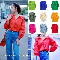 ราคา cotton shirt เสื้อเชิ้ตคอตตอน เปิดไหล่ สีพื้น ใส่สวย แต่งแขนพอง ปาดไหล่ (23379325205)