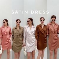 ราคา Suit dress ชุดเดรสซาติน คอปก แขนยาว ออกงาน สุดหรู satin จีบข้าง (21862625112)