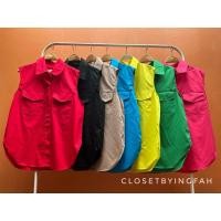 ราคา top shirt เสื้อเชิ้ตแขนกุด คอปก กระดุมหน้า สีพื้น ใส่เที่ยว ทำงาน (24562542214)