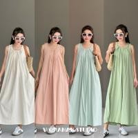 ราคา dress ชุดเดรสตัวยาว สีพาสเทลแต่งจีบหน้า งานแขนกุด ทรงกระโปรงบาน (42061580914)