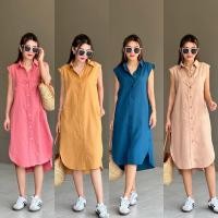 ราคา minimal dress linen dress เดรสเชิ้ตตัวยาวแขนสั้น ดีเทลเว้าด้านข้าง (27050573408)