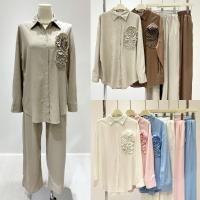 ราคา linen set ชุดเซ็ตเชิ้ตลินิน กางเกงขายาว แต่งดอกไม้อก (43952131233)