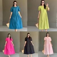 ราคา cotton dress ชุดเดรสตัวยาวแขนบอลลูน สม๊อคหลัง เนื้อผ้าคัตตอน (43762633696)