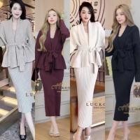 ราคา Set dress Blazer ชุดเชตไหมพรมเดรสสายเดี่ยว เสื้อคลุม แขนยาว คอปก ผ้าร่อง พร้อมผ้าผูกเอว (43470541047)