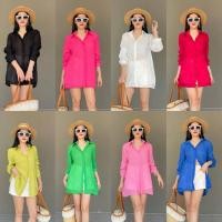 ราคา Summer shirt เสื้อเชิ้ตซีทรูผ้าลายอัดพลีทเล็ก ทรงคอปกแขนยาว (41515047066)