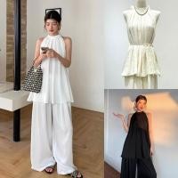 ราคา Satin set ชุดเซ็ต 2 ชิ้น ผ้าซาตินแขนกุดผูกเอว กางเกงขายาว (28536923892)