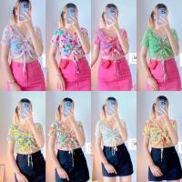 ราคา crop top เสื้อชีฟองอัดพลีท แขนสั้น เสื้อลายน่ารัก เอวลอย รูดอก (23639818687)
