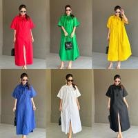ราคา cotton dress เดรสเชิ้ตตัวยาวทรงแขนสั้น มาพร้อมเชือกผูกโบว์ (40212657705)