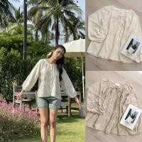 ราคา cotton เสื้อคอกลมแขนยาว แต่งลูกไม้ ทรงน่ารักผูกโบว์หน้า (29157812783)