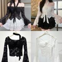 ราคา เสื้อลูกไม้ปาดไหล่ สีดำ ขาว สไตล์เกาหลีลุคหรูหรา (41270467787)