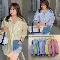 ราคา เสื้อเชิ้ตเกาหลี เสื้อเชิ้ตทรง Oversize ลายริ้วเส้นเล็ก แต่งกระเป๋าข้าง เเขนยาว (16098558037)
