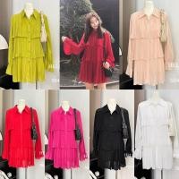 ราคา ชุดมินิเดรส แขนยาว คอปกหน้า ผ้าชีฟองอัดพลีทระบาย 3 ชั้น (22848955830)