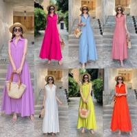 ราคา maxi dress shirts ชุดเดรสเชิ้ตคัวยาว แขนกุด ผ้าฝ้าย สีสดใส (20447811935)