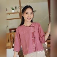 ราคา เสื้อผ้าฝ้ายคอกลมแขนสามส่วนกุ๊นขอบ แต่งกระดิ่งเงิน (20962179883)