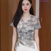 ราคา เสื้อเชิ้ตผ้าฝ้ายพลัสไซส์ แขนสั้น คอวี สไตล์เกาหลีสำหรับผู้หญิง (46001233339)