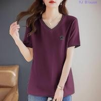 ราคา เสื้อยืดแขนสั้นสำหรับผู้หญิงแบบพลัสไซส์ สไตล์เกาหลี คอวี ทำจากผ้าฝ้าย (41868719545)