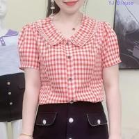 ราคา เสื้อลายสก๊อตพลัสขนาดผู้หญิงฤดูร้อนหลวมตุ๊กตาทารกปกเสื้อแขนสั้น (42473974466)