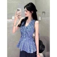 ราคา เสื้อลายสก๊อตแขนสั้นสำหรับผู้หญิง สไตล์เกาหลีย้อนยุค พร้อมสายคล้องคอ เหมาะสำหรับงานปาร์ตี้และสวมใส่ในช่วงฤดูร้อน (40421405014)