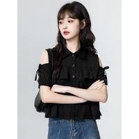 ราคา เสื้อเชิ้ตแขนสั้นปิดไหล่สีดำสำหรับผู้หญิงในฤดูใบไม้ร่วง ดีไซน์ใหม่สไตล์ชาแนลGXN7 (40824224004)