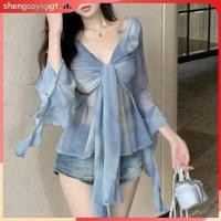 ราคา Aooao เสื้อครอปท็อป แขนยาว คอวี มัดย้อม เข้ารูป สําหรับผู้หญิง (27413204415)