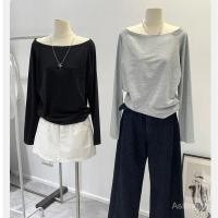 ราคา เสื้อยืดแขนยาวไหล่เฉียงสีดำ ทำจากผ้าฝ้ายแท้ เหมาะสำหรับฤดูใบไม้ผลิและฤดูใบไม้ร่วง (42768099471)