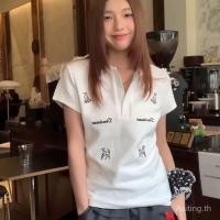 ราคา เสื้อโปโลผ้าฝ้ายแท้ อเมริกัน สไตล์ใหม่ สำหรับผู้หญิง แขนสั้น ลายลูกสุนัข พิมพ์สีขาว ไหล่บาง พอดีตัว ซummer (41557650271)